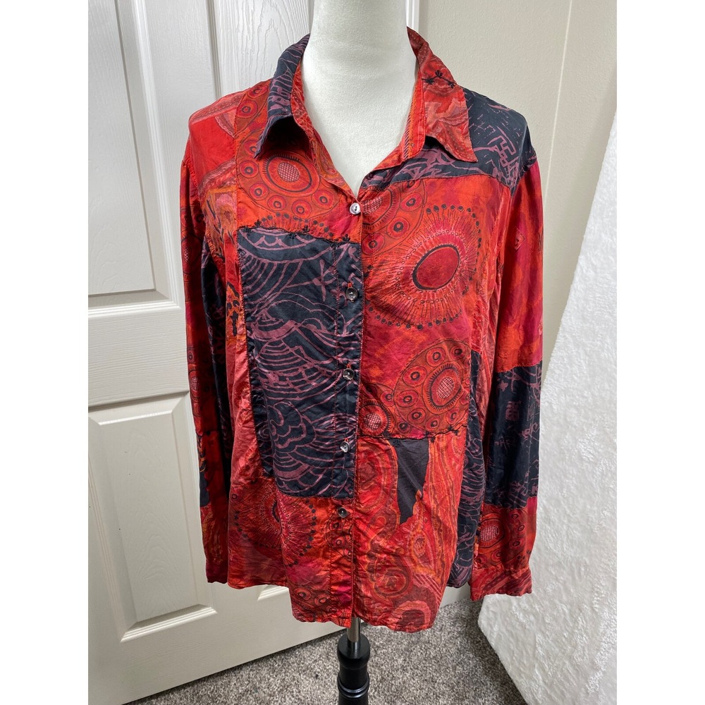 Chico's Size‎ 3 (XL) Button-Up 100% Silk Patchwork Print Blouse Red Black  Artsy